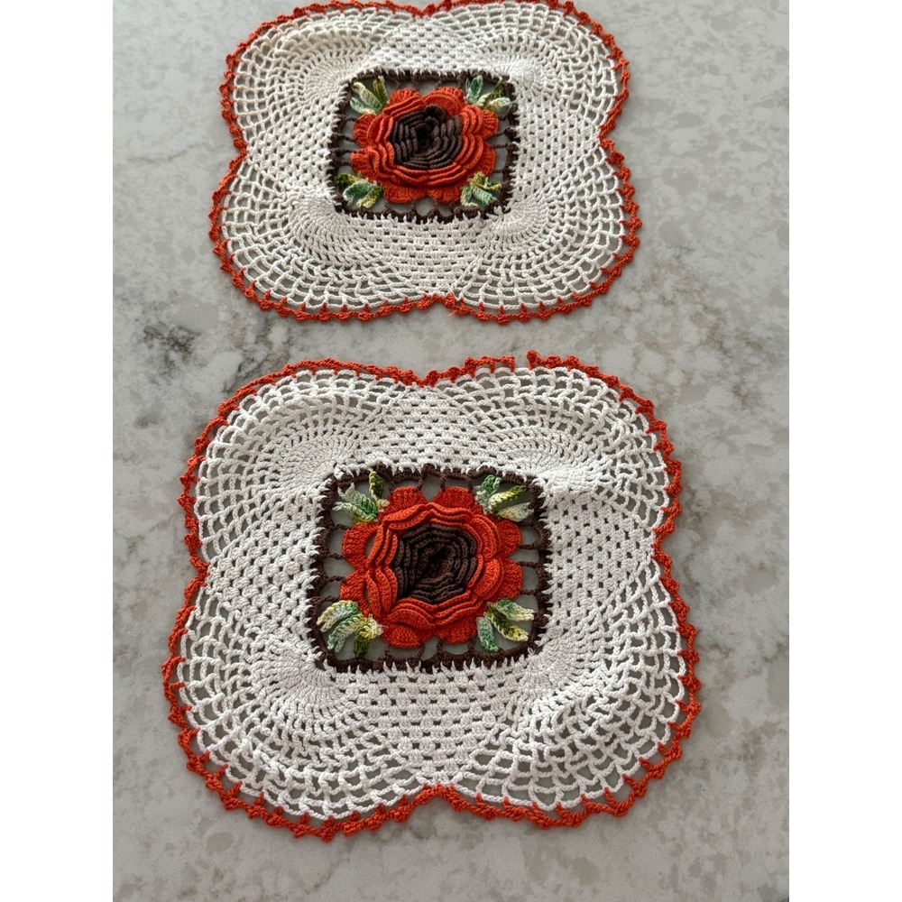 Handmade Crochet Doilies Set of 2 3D Rose Floral Lace White Orange Brown Square